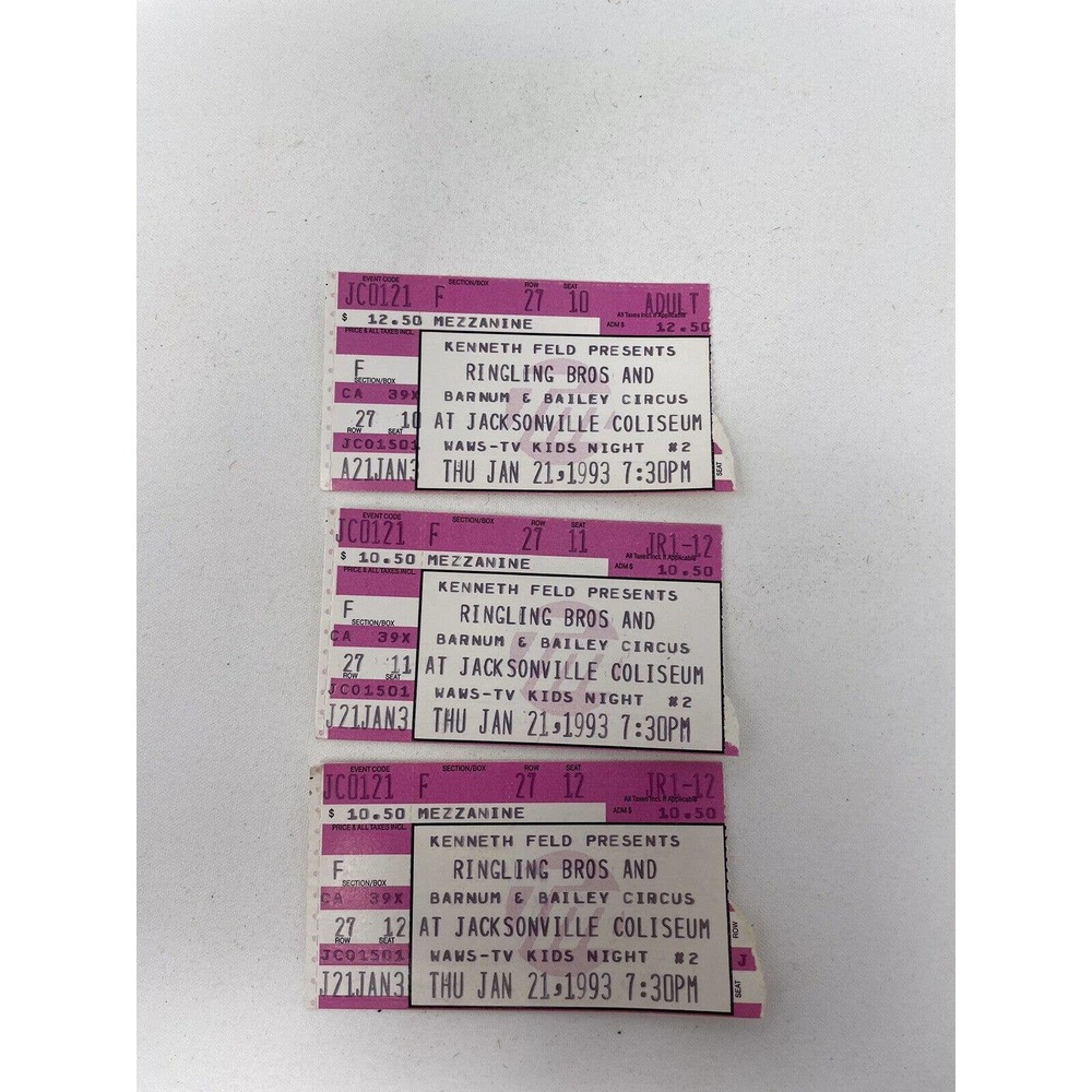 3 Ringling Brothers Barnum Bailey Circus 1993 Ticket Stubs Jacksonville Florida